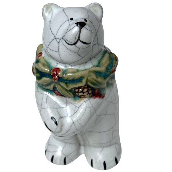 Holiday Polar Bear Figurine Rustic Ceramic w/ Holly Accent Christmas Decor 5" - Picture 1 of 8